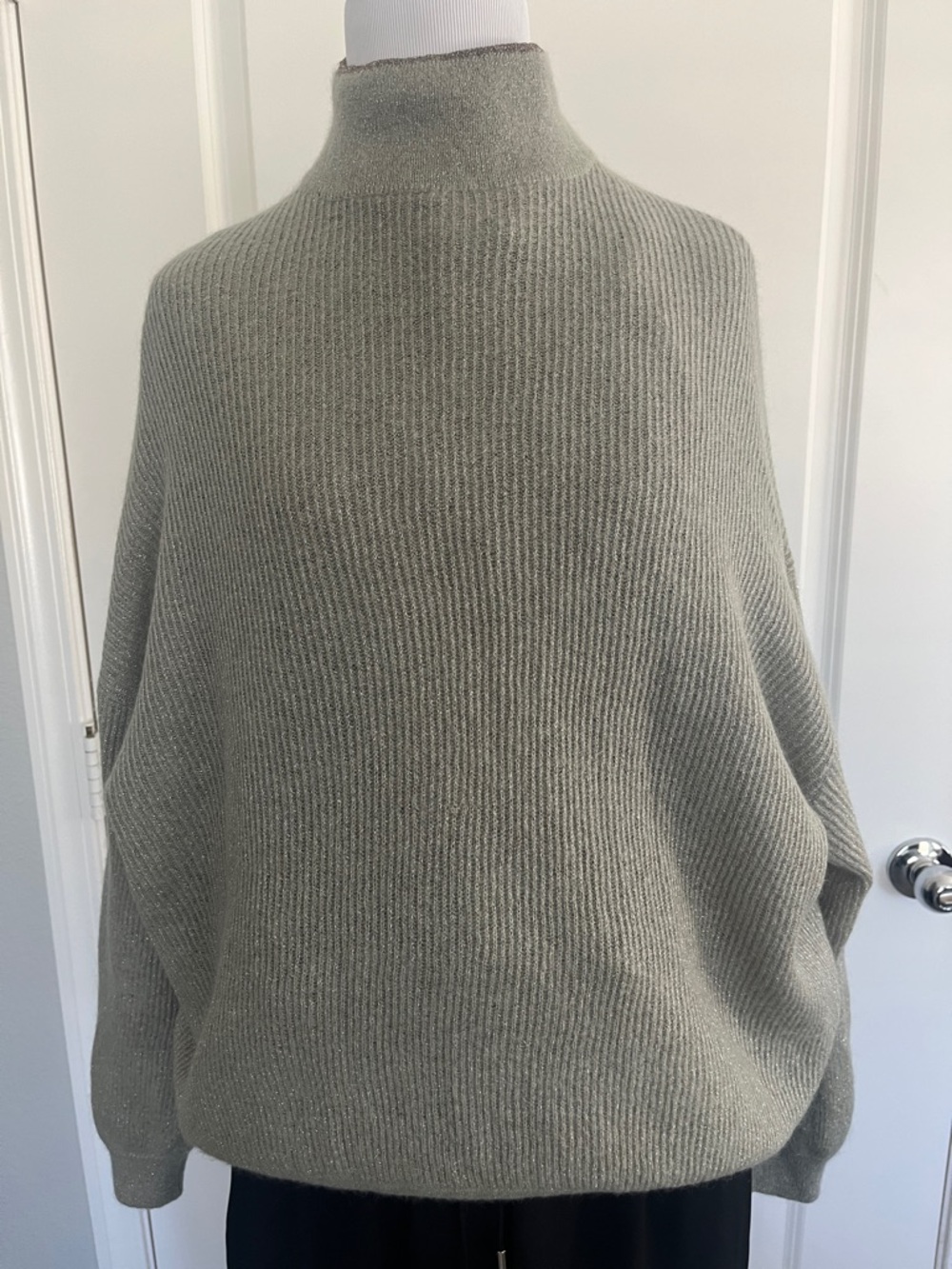 Brunello Cucinelli Olive Green Ribbed Mock Neck Sweater